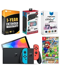 Nintendo Switch Neon Oled with Mario Party Superstars, Gaming Kit, MightySkins Voucher and 1 Year Cps Extended Warranty