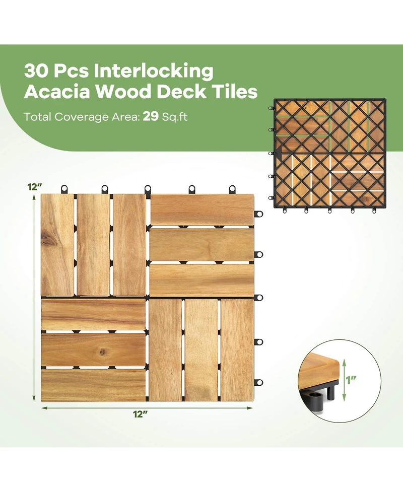 30 Pcs Interlocking Flooring Tiles Floor Decking for Patio Acacia Wood Outdoor