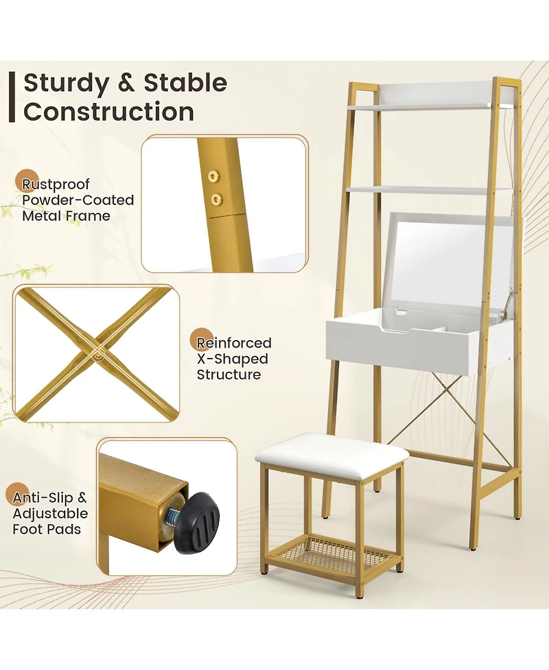 Ladder Vanity Desk Set with Flip Top Mirror and Cushioned Stool