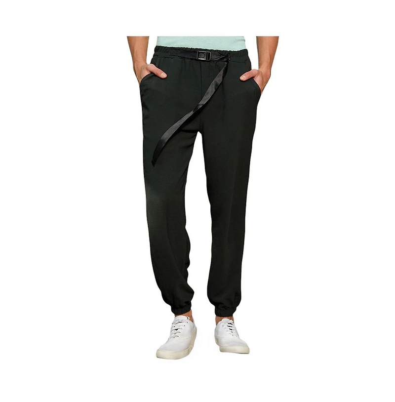 Campus Sutra Men's Obsidian Black Solid Belted Trousers