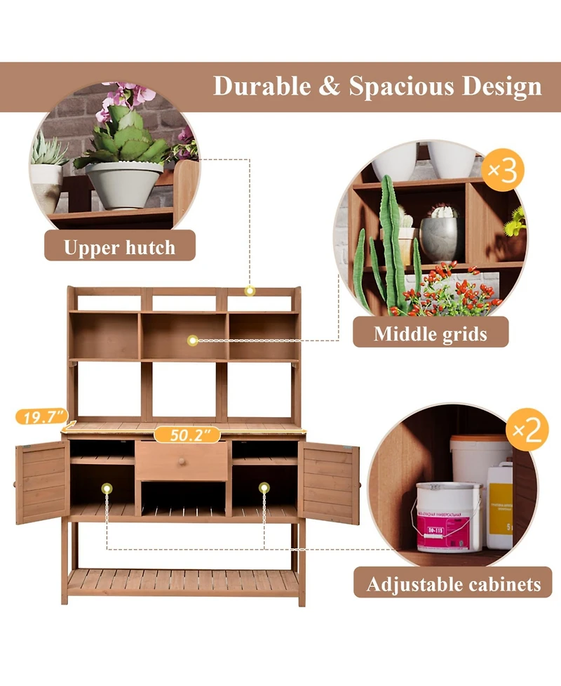 Fir Wood Potting Bench with Hutch & Shelves
