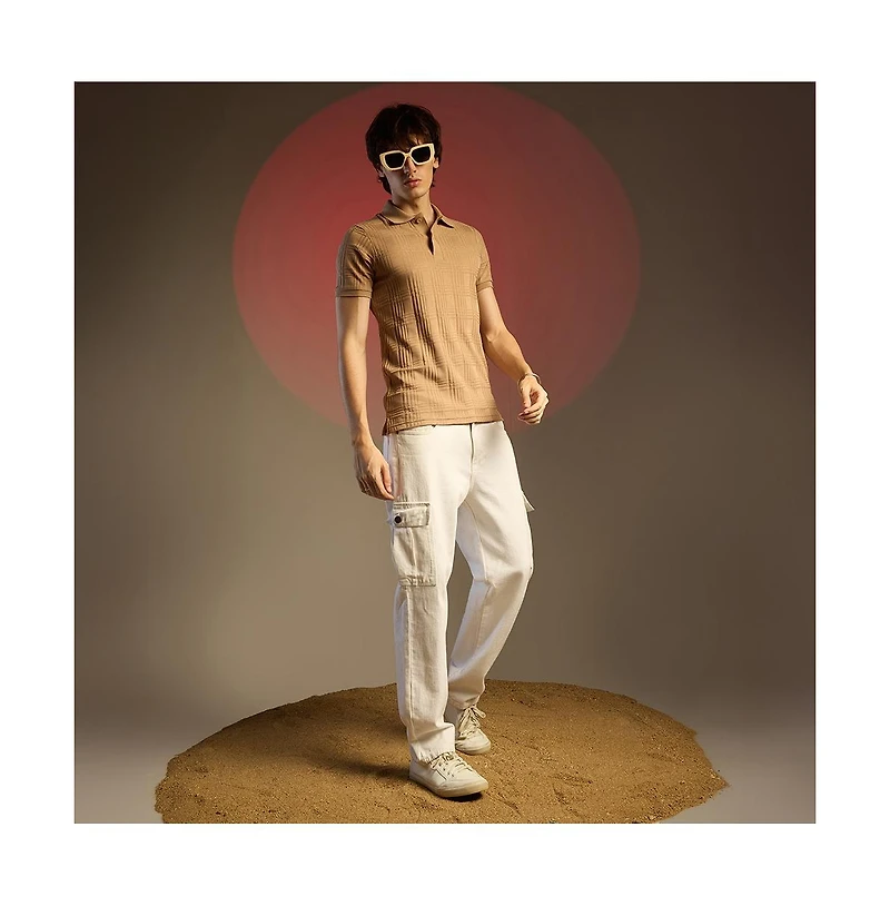 Campus Sutra Men's Buff Beige Intertwine-Textured Polo T-Shirt