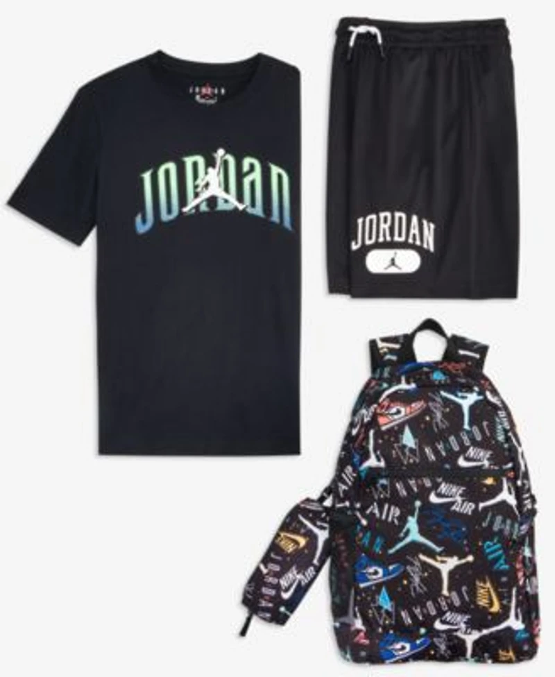 Jordan Big Boys Global Arch Logo Graphic T Shirt Mesh Logo Shorts Air School Backpack Pencil Case Set