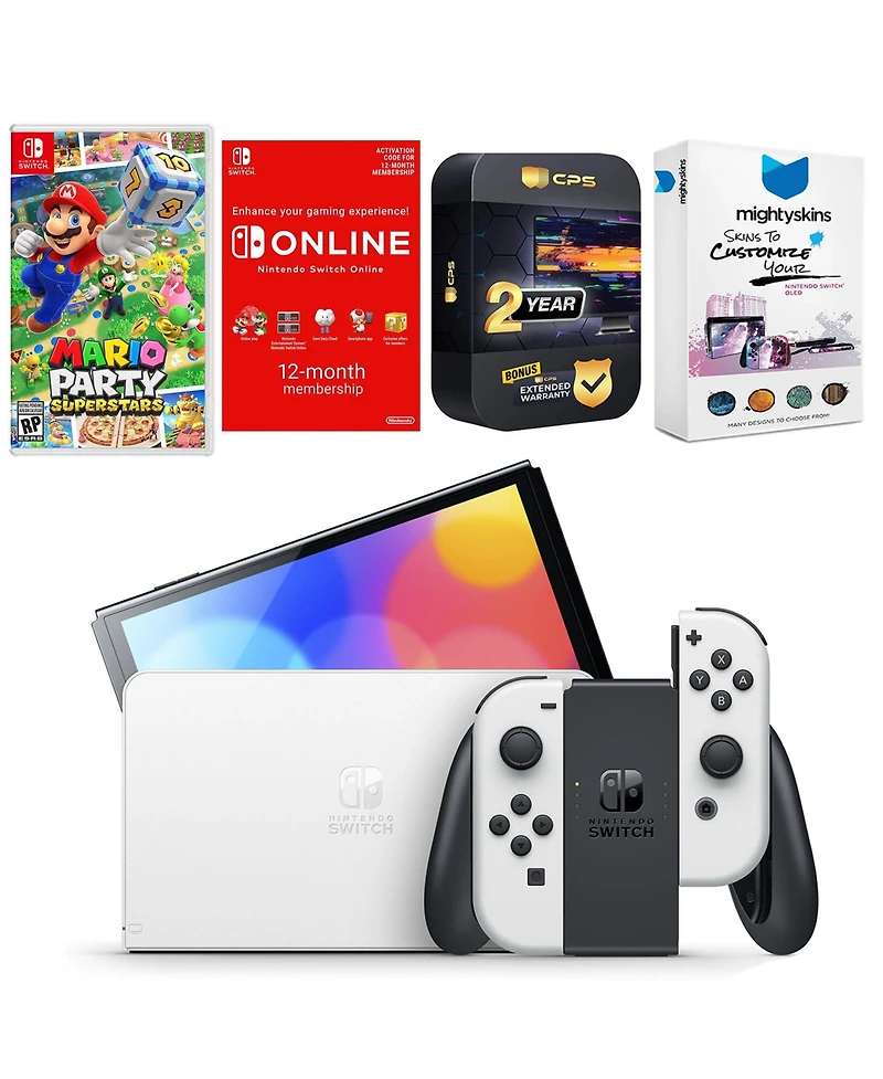 Nintendo Switch White Oled Console with Mario Party Superstars, Nso 12 Month Family Membership, MightySkins Console and Controller Skin Voucher, and 2