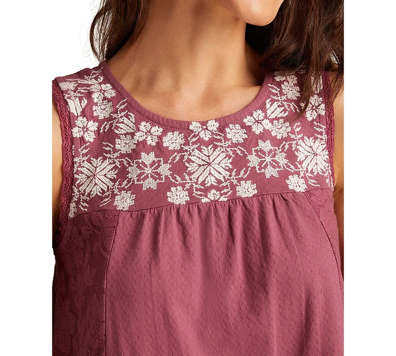 Lucky Brand Women's Lace-Trim Embroidered Cotton Sleeveless Top