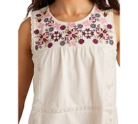 Lucky Brand Women's Lace-Trim Embroidered Cotton Sleeveless Top