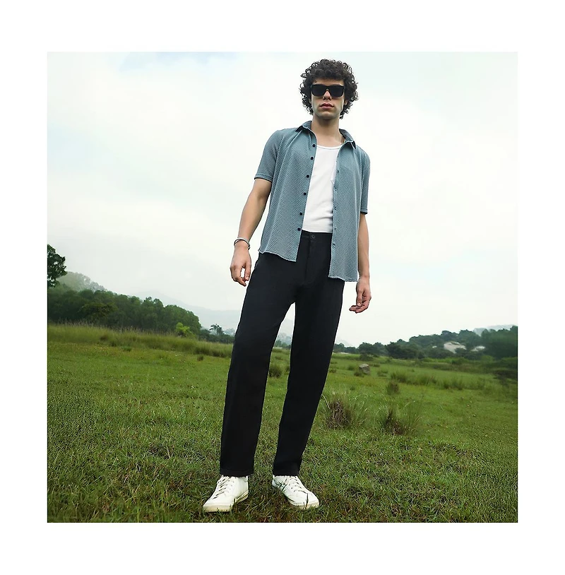 Campus Sutra Men's Onyx Black Velvique Tailored Trousers