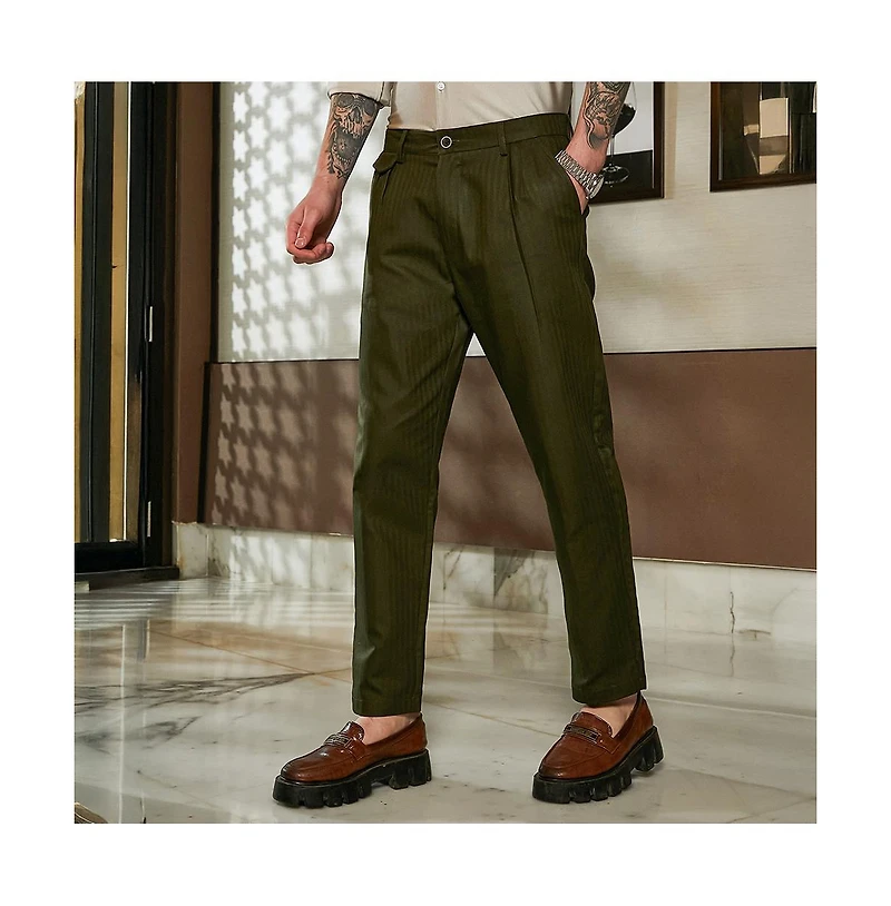 Campus Sutra Men's Juniper Green Striped Tailored Trousers
