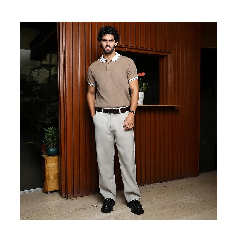 Campus Sutra Men's Sand Beige Cuboid-Stripe Polo T-Shirt