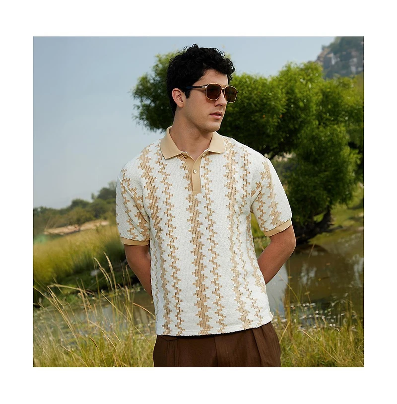 Campus Sutra Men's Buff Beige & Cream White Indie-Block Polo T-Shirt