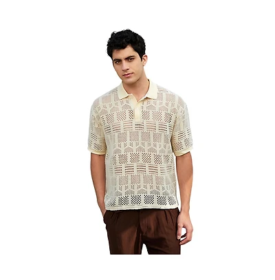 Campus Sutra Men's Buff Beige Geo-Boho Oversized Polo T-Shirt