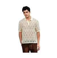 Campus Sutra Men's Buff Beige Geo-Boho Oversized Polo T-Shirt