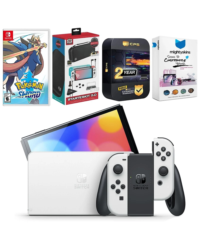 Nintendo Switch White Oled Console with Pokemon Sword, Surge Accessory Gaming Kit, MightySkins Console and Controller Skin Voucher, and 2 Year Cps Ext