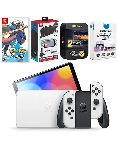 Nintendo Switch White Oled Console with Pokemon Sword, Surge Accessory Gaming Kit, MightySkins Console and Controller Skin Voucher, and 2 Year Cps Ext