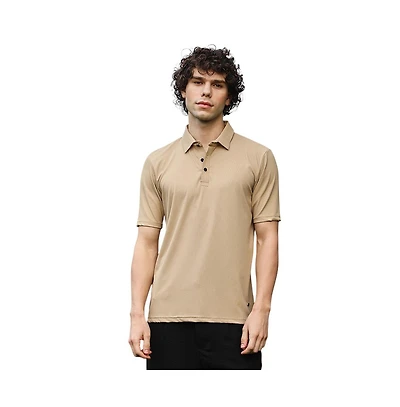 Campus Sutra Men's Buff Beige Solid Knit Polo T-Shirt