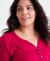 Style & Co Plus Size Printed 3/4-Sleeve Henley Top, Exclusively at Macy's