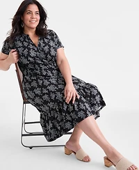 Style & Co Plus Printed V-Neck Short-Sleeve Midi Dress, Exclusively at Macy's