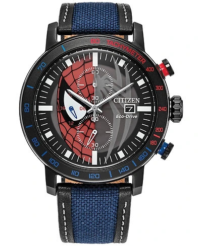 Citizen Eco-Drive Men's Chronograph Marvel Spider-Man Double Vision Blue Nylon Leather Strap Watch 44mm