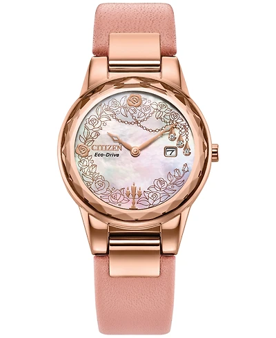 Citizen Eco-Drive Women's Disney Eternal Beauty Belle Pink Leather Strap Watch 30mm Box Set