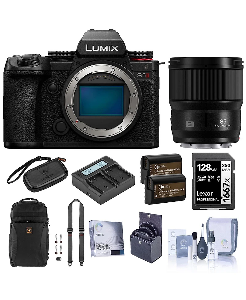 Panasonic Lumix S5II Mirrorless Camera, Black, with Lumix S 85mm f/1.8 Lens, Bundle with 128GB Memory Card, Alpine 190 Backpack, 2x Extra Battery, Dua