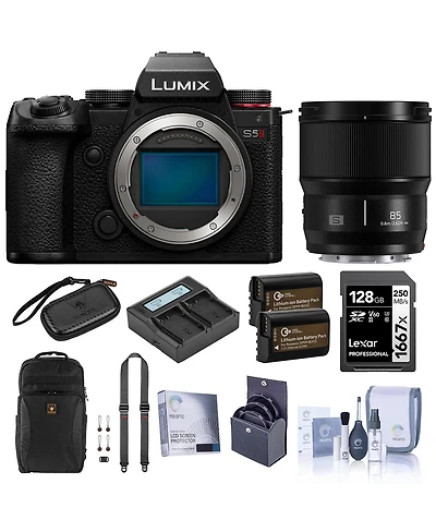 Panasonic Lumix S5II Mirrorless Camera, Black, with Lumix S 85mm f/1.8 Lens, Bundle with 128GB Memory Card, Alpine 190 Backpack, 2x Extra Battery, Dua