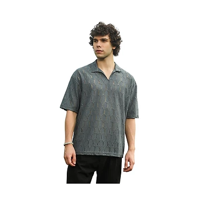 Campus Sutra Men's Moon Grey Honeycomb-Knit Polo T-Shirt