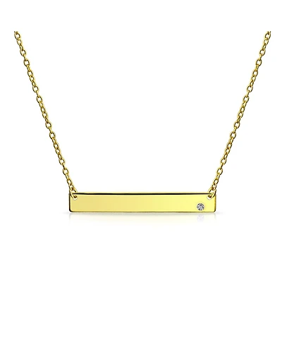 Bling Jewelry Horizontal Sideway Flat Bar Name Plated Pendant Necklace Gold Sterling Silver With Crystal