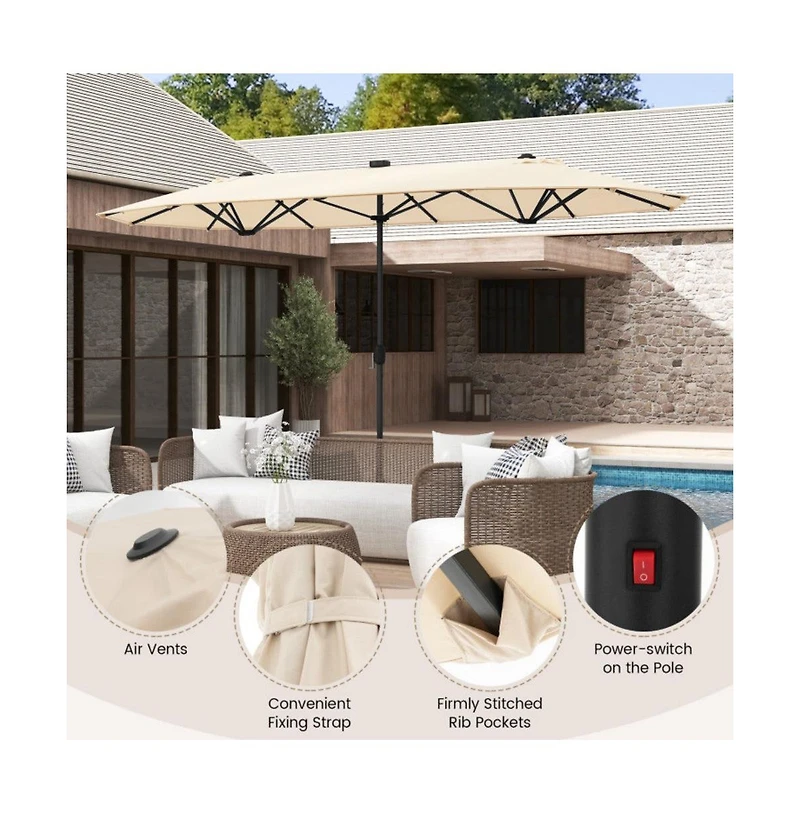 13feet Double-sided Patio Umbrella with Solar Lights for Garden Pool Backyard