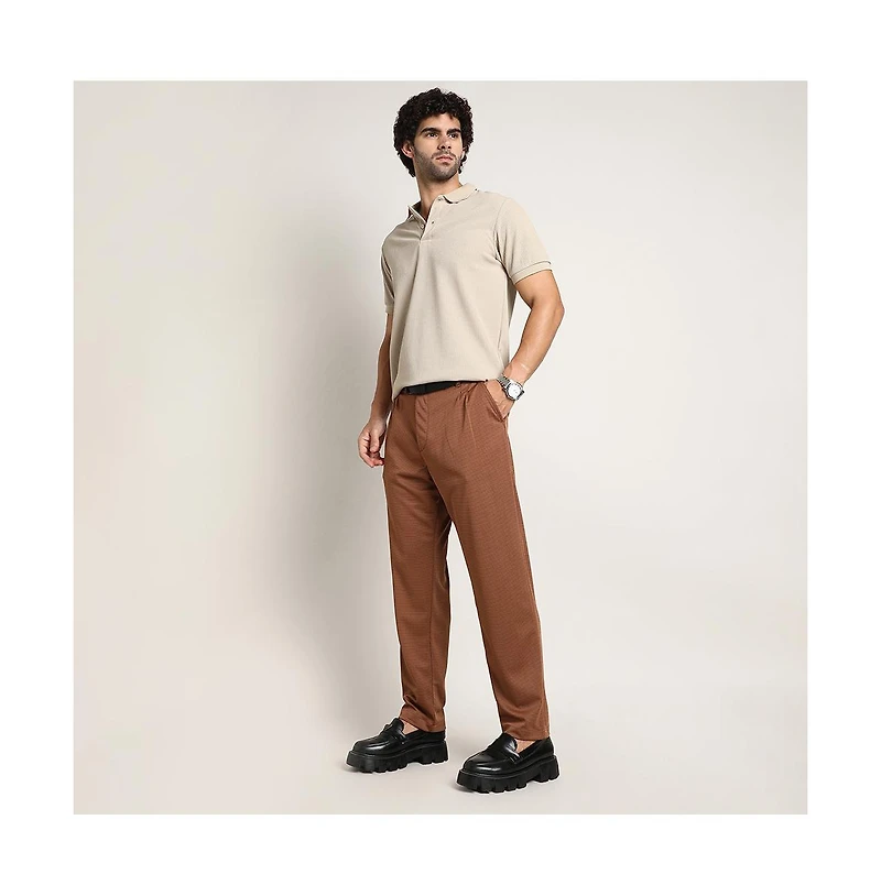 Campus Sutra Men's Russet Brown Micro-Check Chino Trousers