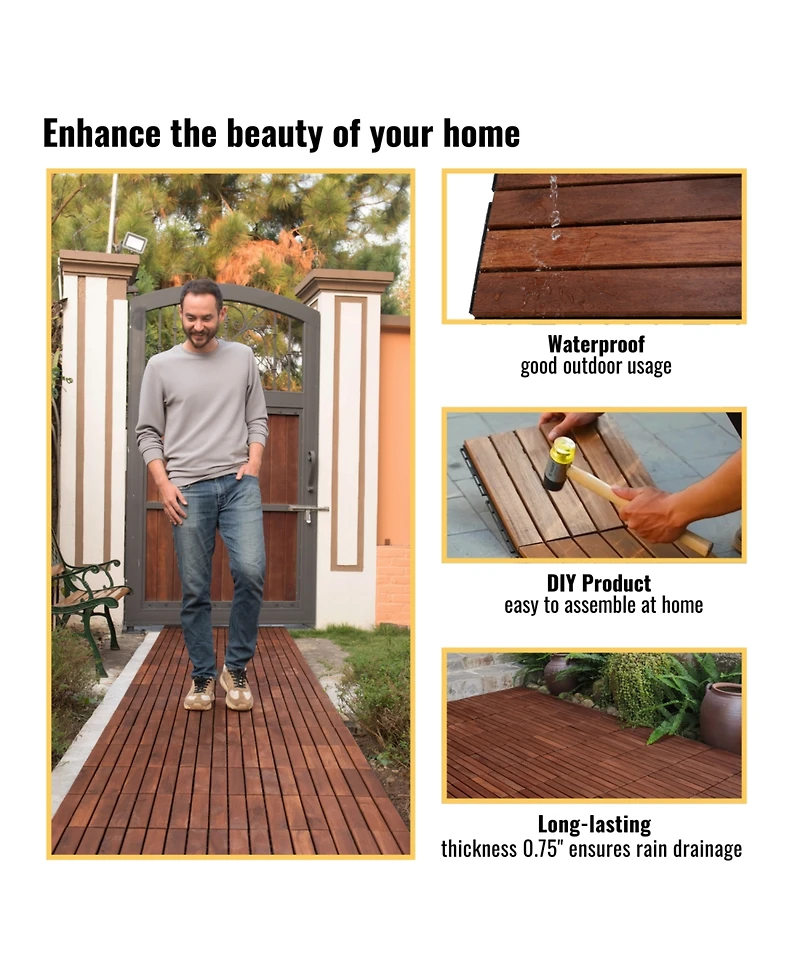 30-Piece Acacia Wood Deck Tiles - 12" x 12" Striped