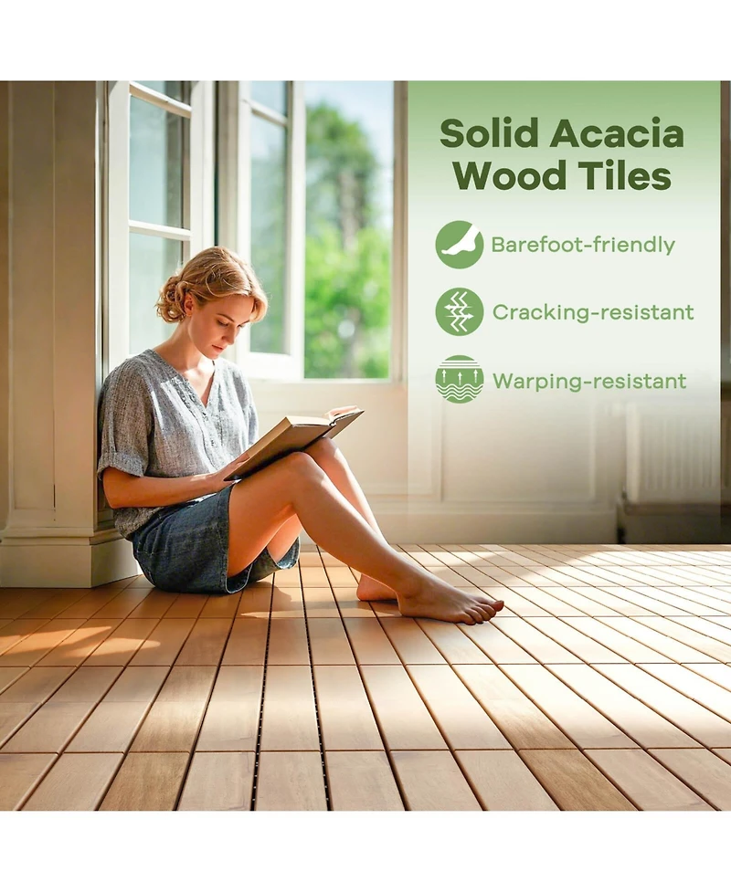 Costway 30 Pcs Acacia Wood Flooring Tiles 12" x 12" Snap-in-place Patio Tiles for Porch