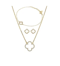 Sterling Silver 18k Gold Plated Aria Clover Bracelet, Necklace& Stud Earrings Set