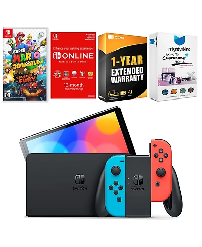Nintendo Switch Neon Red & Blue Oled Console with Super Mario 3D World + Bowser s Fury , Nso 12 Month Family Membership