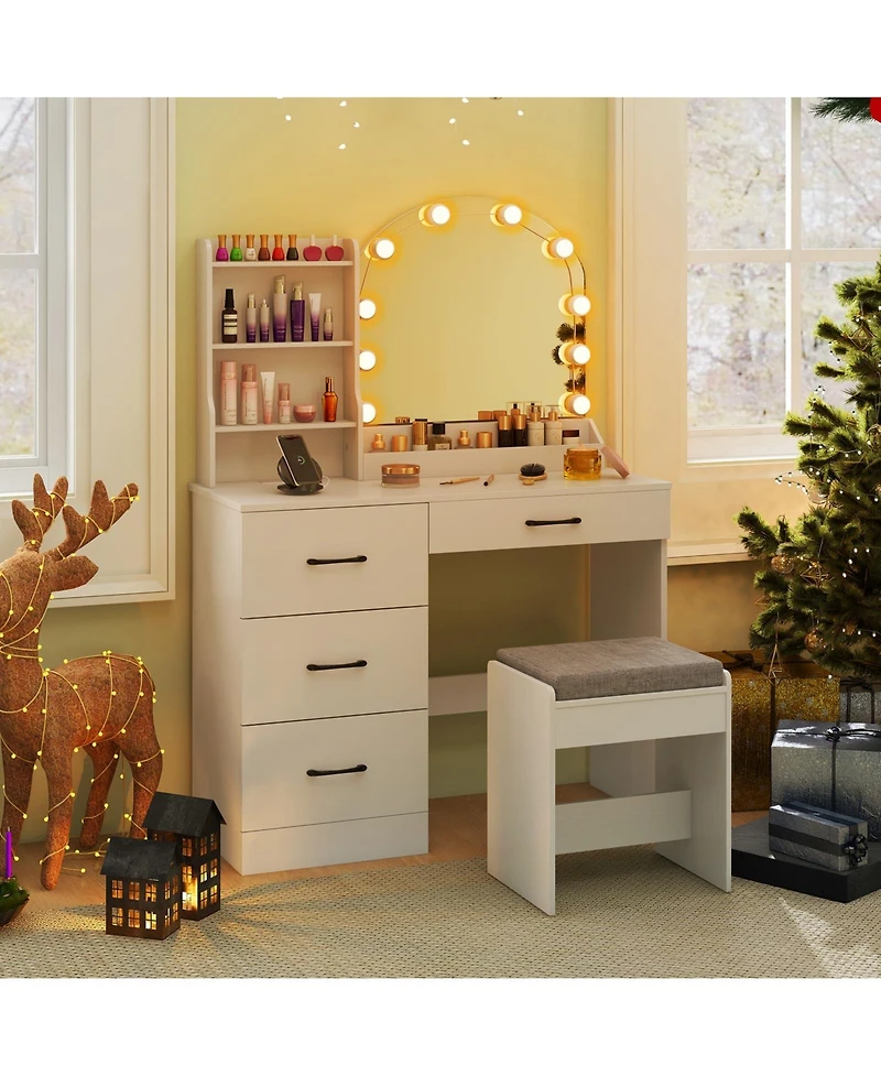 Makeup Vanity Desk Dressing Table and Stool Set with Mirror and Lights
