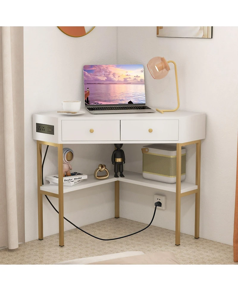 Space Saving Corner Computer Desk with 2 Large Drawers