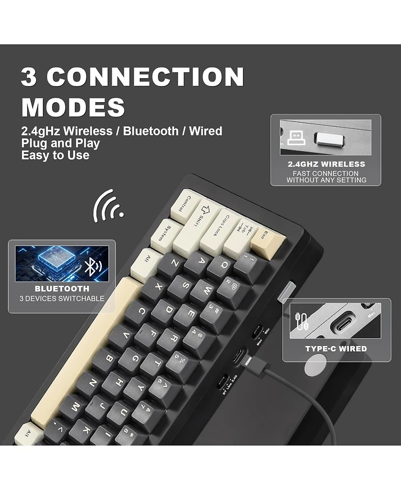 Yunzii AL71 75% Mechanical Keyboard,Full Aluminum Cnc,Hot Swappable Gasket,2.4GHz Wireless BT5.0/Usb-c Wired,Nkro Programmable Rgb Backlight Creamy Ty