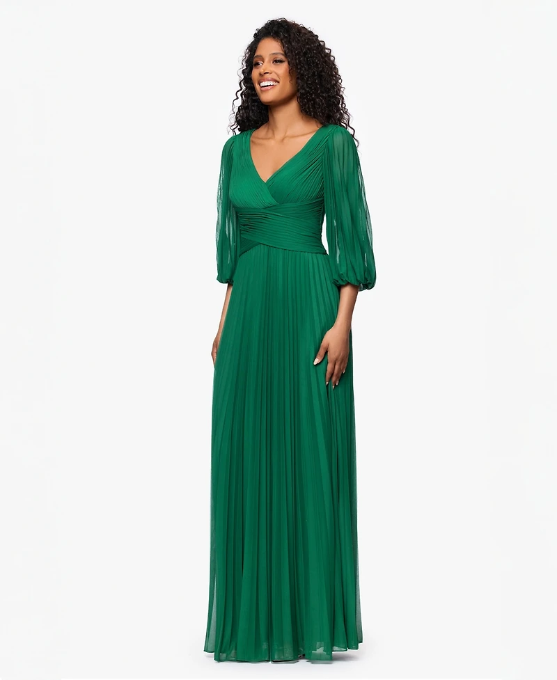 Betsy & Adam Women's Pleated Balloon-Sleeve Long Dress