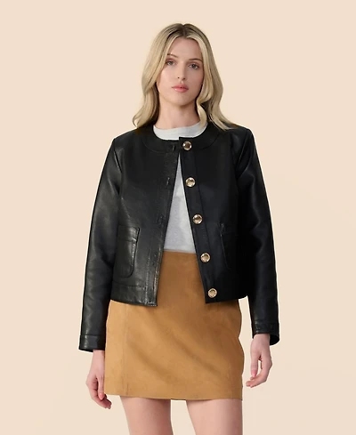 Furniq Uk Women's Cropped Leather Jacket With Gold Buttons, Created for Macy s