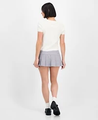 Freshman Juniors Short Sleeve Crewneck Cable Knit Sweater Madden Girl Plaid Pleated Mini Skort