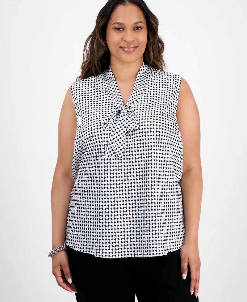 Kasper Plus Diamond-Print Tie-Neck Top