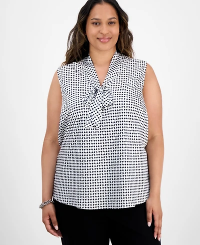 Kasper Plus Diamond-Print Tie-Neck Top