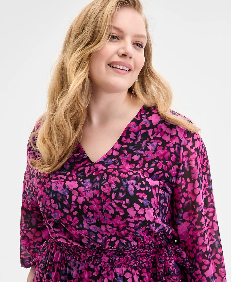 Kasper Plus Printed Blouson-Sleeve Midi Dress