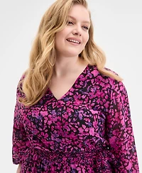 Kasper Plus Printed Blouson-Sleeve Midi Dress