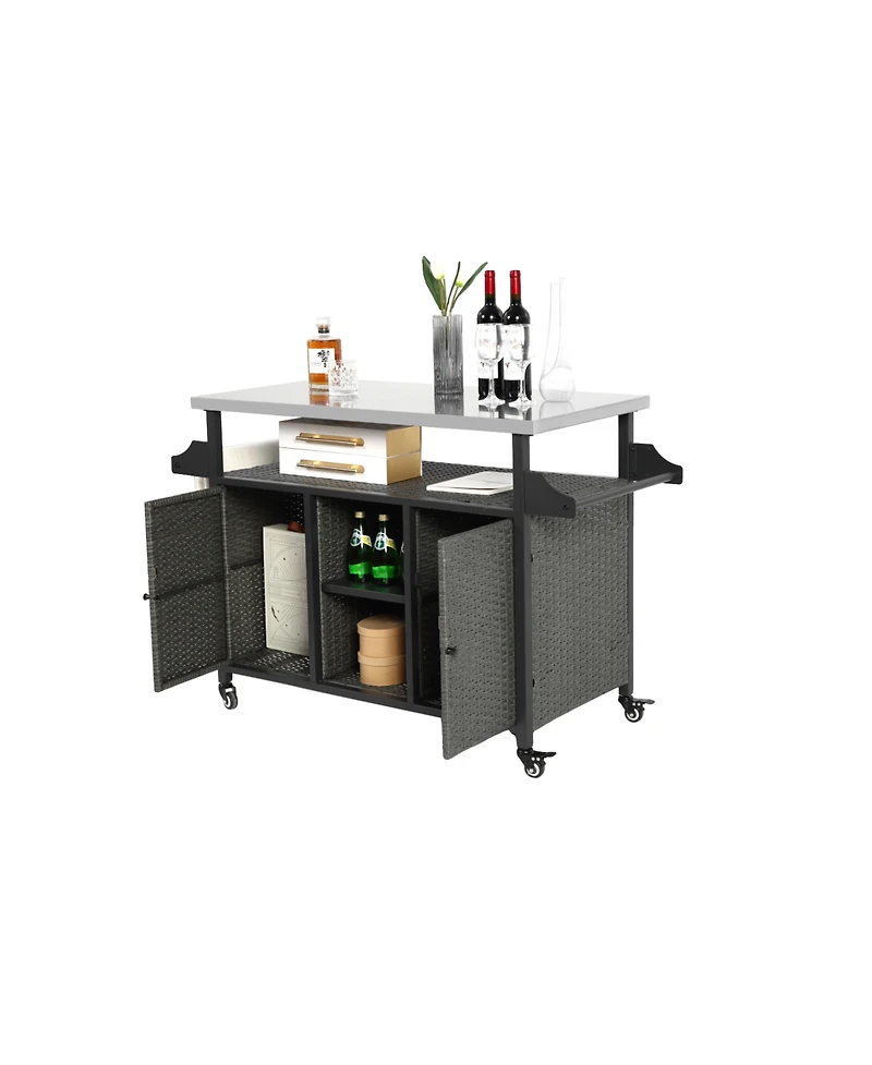 Outdoor Wicker Rolling Cart with Stainless Steel Top