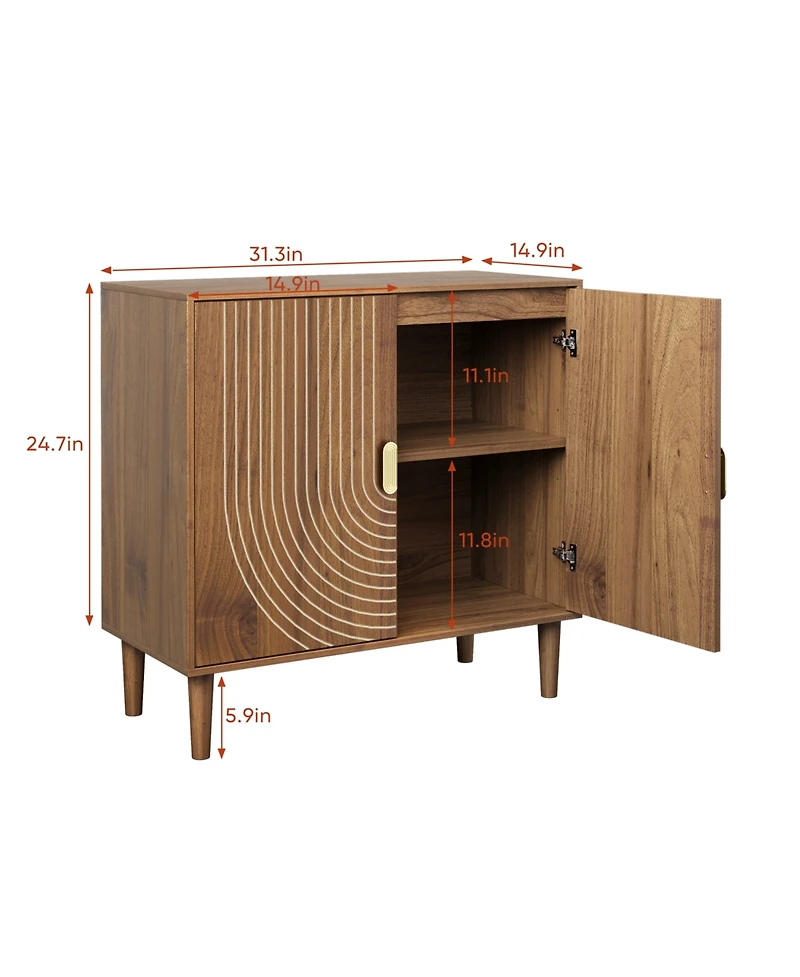 Walnut Wood Buffet Cabinet with Line Groove Design