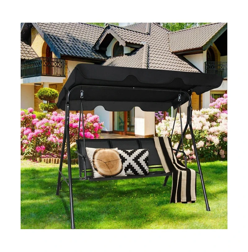 3 Person Steel Frame Patio Porch Swing with Polyester Angle and Adjustable Canopy