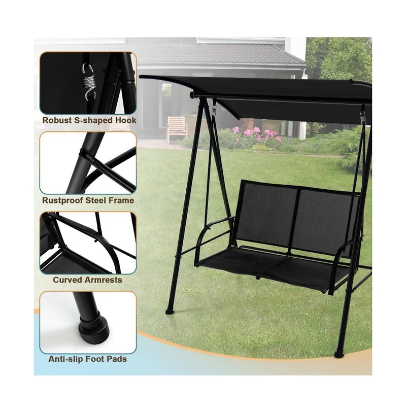 2-Seat Outdoor Canopy Swing with Comfortable Fabric Seat and Heavy-duty Metal Frame