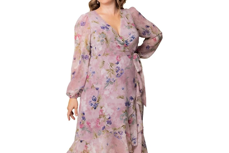 Kiyonna Plus Clara Long Sleeve Chiffon Wrap Dress