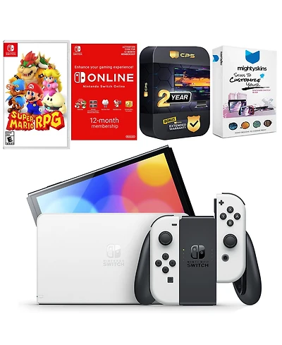 Nintendo Switch White Oled Console with Super Mario Rpg , Nso 12 Month Family Membership, MightySkins Console and Controller Skin Voucher, and 2 Year