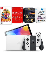 Nintendo Switch White Oled Console with Super Mario Rpg , Nso 12 Month Family Membership, MightySkins Console and Controller Skin Voucher, and 2 Year